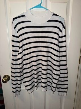 Primark White and Black Striped Crewneck Sweater